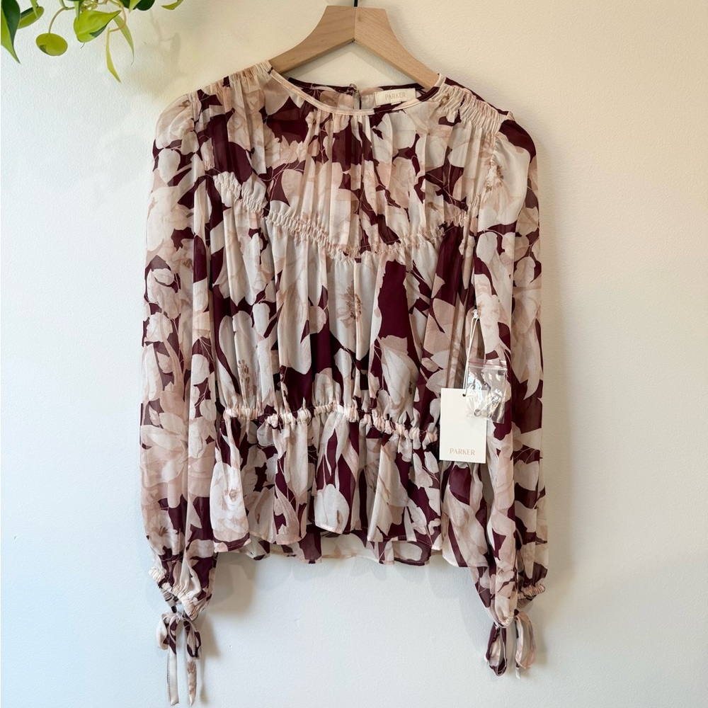 Parker Cierra Peplum Top Zinfandel Long Sleeve Blouse Feminine Floral Size XS